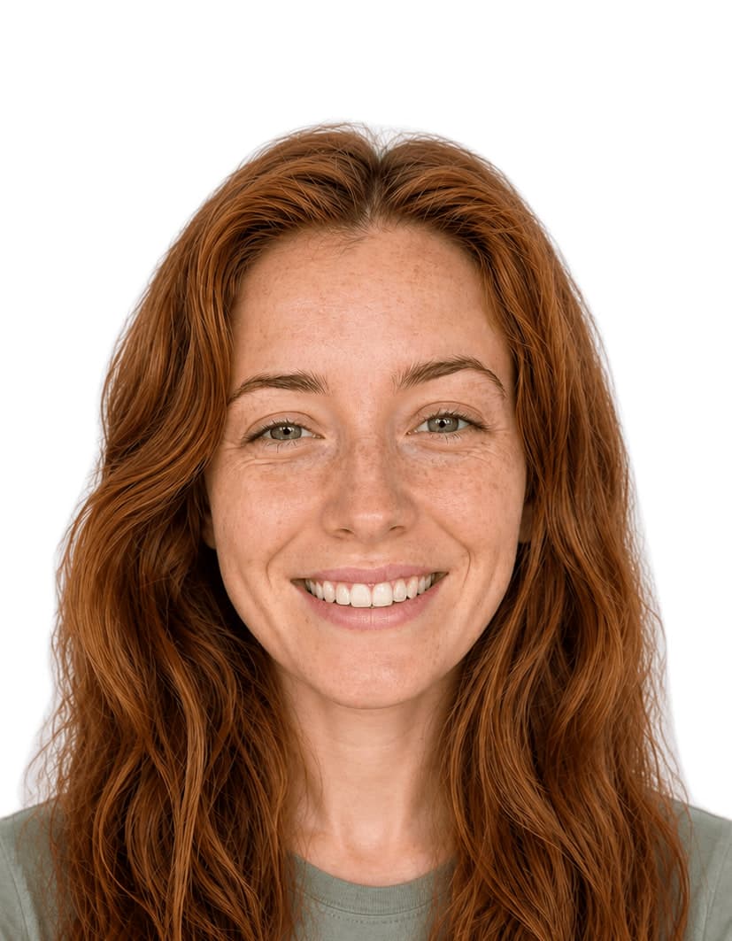 Finished photo built to a student ID spec, keeping her own smile