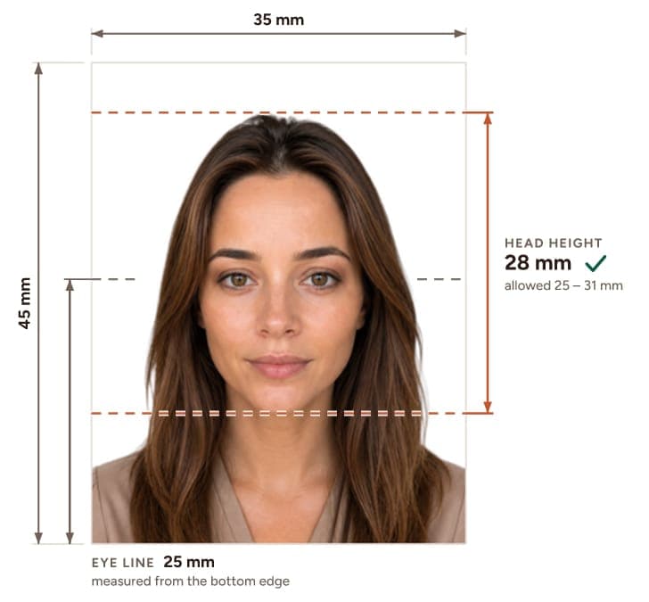 Finished 35×45 mm photo with the measured head height and eye line marked on it