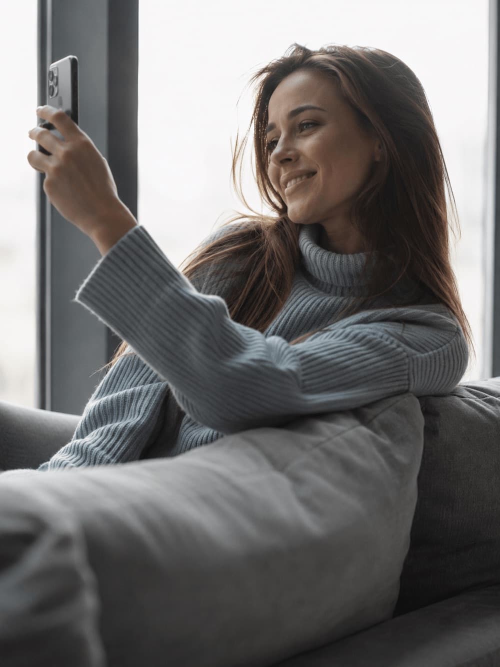 A woman on her sofa taking a selfie with her phone by a window